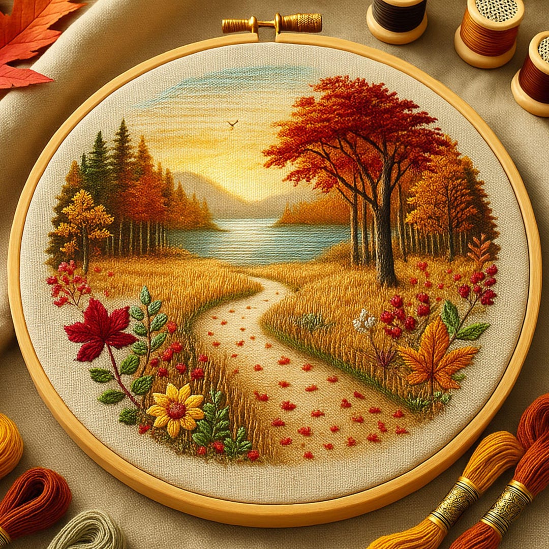 Autumn Landscape Hand Embroidery Pattern | Fall Nature Scene | Modern ...