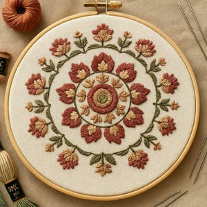 May include: A circular embroidery hoop with a floral pattern. The design features red, tan, and green embroidered flowers and leaves in a circular arrangement. The hoop is made of wood, and the fabric is a light beige colour.