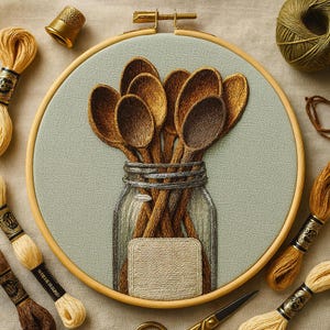 May include: An embroidery hoop features a detailed depiction of wooden spoons in a glass jar. The artwork is set against a light green fabric, with a wooden hoop frame. Embroidery floss and a thimble surround the hoop.