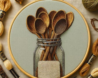 Rustikales Holzlöffelglas Stickmuster - Moderne Küchen Handstickerei PDF für Anfänger