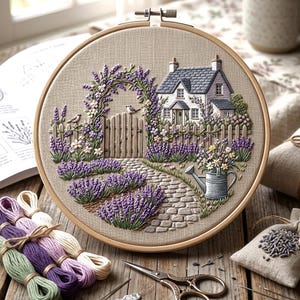 May include: An embroidered artwork in a wooden hoop, depicting a cottage garden with lavender. The scene includes a house, a picket fence, and a stone path. The colour scheme features purple, green, and beige tones, creating a detailed, textured piece.