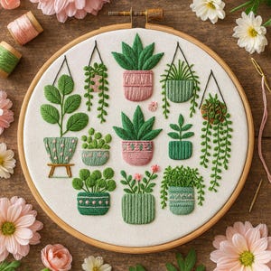 May include: Embroidered hoop art featuring various green plants in pink and green pots. The plants include hanging varieties and potted plants, all stitched on a white fabric background. The wooden hoop is surrounded by pink flowers and spools of thread.