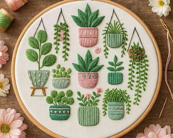 Modern Houseplant Embroidery Pattern: Botanical Designs (PDF Download 6-8 inches