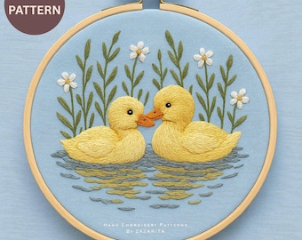 アヒルの子 赤ちゃんアヒルの池 ピンクの花 春 パンチニードル刺繍