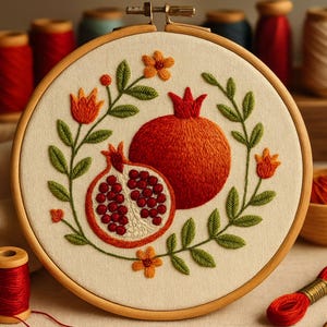 Peut inclure: Broderie d'un motif de grenade dans un cercle en bois. L'œuvre représente une grenade entière et une section coupée, entourées de feuilles vertes et de fleurs orange. Le fond est en tissu crème, et le cercle est fixé avec un fermoir en métal.