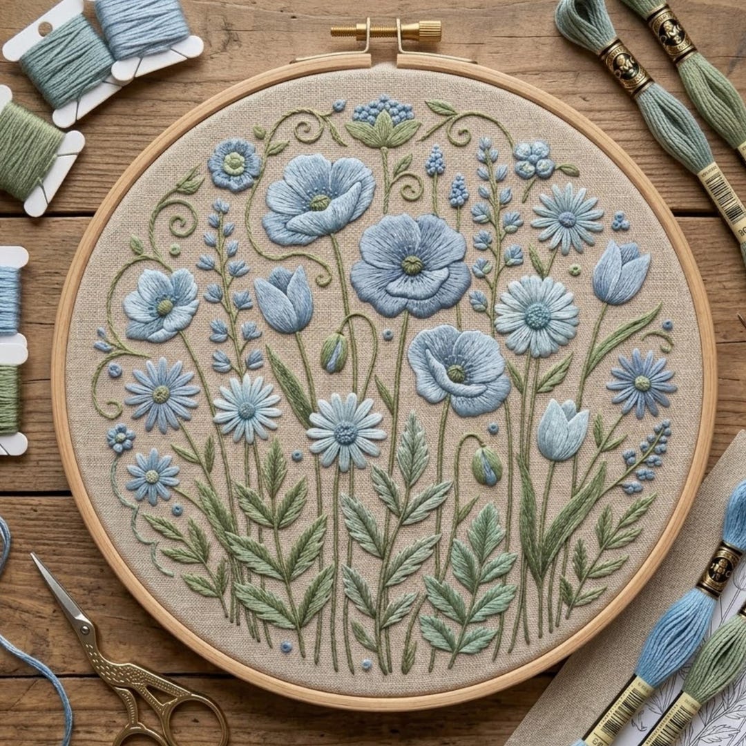 Blue Wildflower Embroidery Pattern, Botanical Hoop Art Design (PDF ...