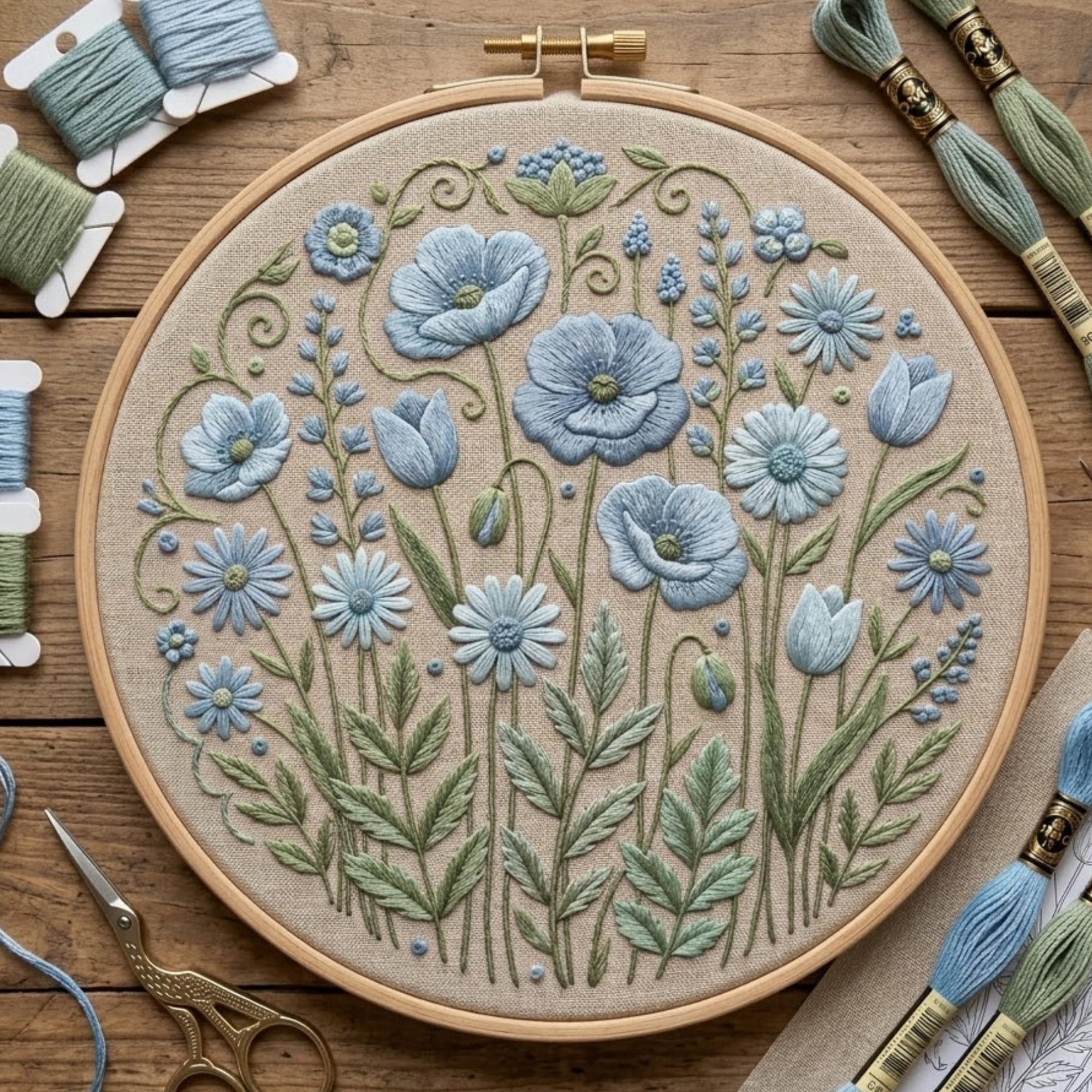 Blue Wildflower Embroidery Pattern, Botanical Hoop Art Design (PDF ...