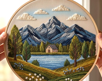 湖の風景の刺繍パターン、穏やかな手刺繍、風景ステッチ PDF、DIY