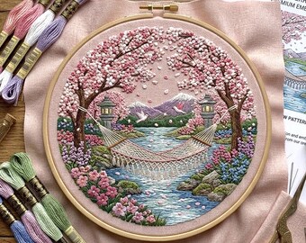 Cherry Blossom Hammock Embroidery Pattern, Spring Garden Landscape Hoop Art (Digital Download)