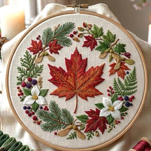 May include: A circular wooden embroidery hoop containing a fabric panel with a hand-stitched wreath design. The wreath features a large central red and orange maple leaf surrounded by green pine needles, red berries, maple seeds, and white flowers.
