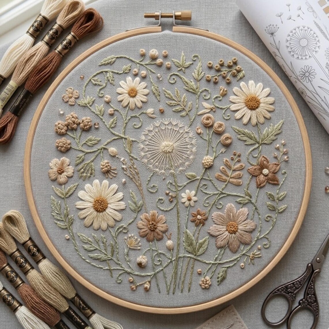 Neutral Wildflower Embroidery Pattern, Vintage Botanical Hoop Art ...