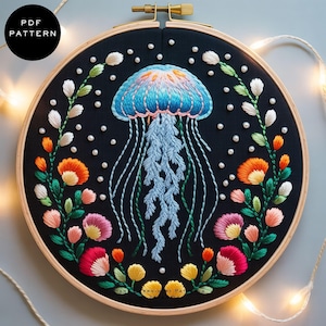 Elegant Jellyfish & Floral Hand Embroidery Kit , Colorful Ocean-Inspired Design on Dark Blue Fabric