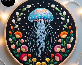 Elegant Jellyfish & Floral Hand Embroidery Kit , Colorful Ocean-Inspired Design on Dark Blue Fabric