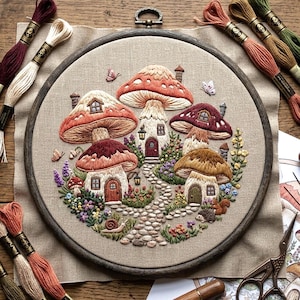May include: An embroidery hoop containing a beige fabric panel with a detailed needlework design of four mushroom houses connected by a stone path. The scene includes colourful flowers, small butterflies, a snail, and a hedgehog, surrounded by embroidery floss.
