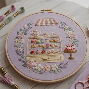 May include: A circular wooden embroidery hoop containing a lavender fabric panel with a hand-stitched bakery display case, a teapot, two teacups, and a cake on a stand, all framed by an embroidered wreath of pink roses and lavender sprigs.