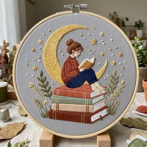 Broderimönster för läsande flicka, konstdesign med månläsningsring (digital nedladdning)