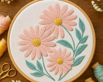 Patrón de bordado a mano Flores Rosas: Arte floral para aro (Descarga en PDF, aros de 6 a 8 pulgadas)