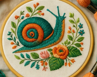 Snail Embroidery Pattern • Modern Floral Design, Beginner Friendly (PDF Pattern)