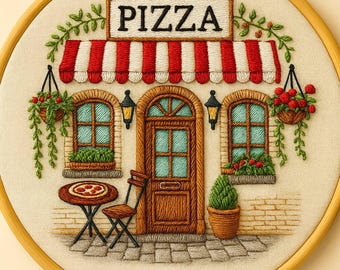 May include: Embroidered hoop art featuring a pizza shop scene. The design includes a red and white striped awning, a door, windows, and a table with a pizza. The word "PIZZA" is displayed above the awning. Green vines and hanging flower baskets add detail.