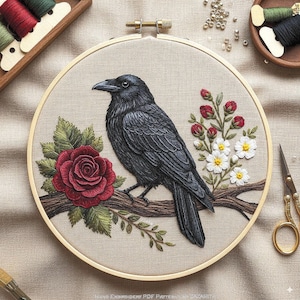 Raven and Roses Embroidery Pattern: Modern Floral Design (PDF Download, DMC Codes Included