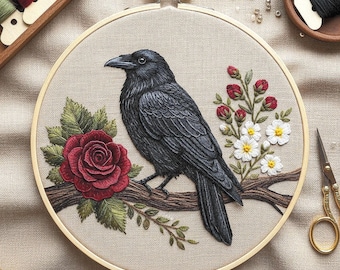 Motif de broderie corbeau et roses : motif floral moderne (téléchargement PDF, codes DMC inclus