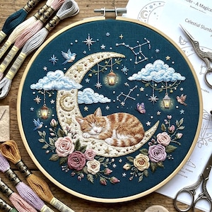 Borduurpatroon slapende kat maan, hemelse bloemen hoepelkunst (pdf-download)