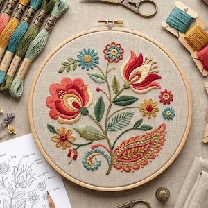 May include: A circular wooden embroidery hoop containing a beige fabric panel with a colourful floral design. The embroidery features red, orange, yellow, and teal thread in various stitch patterns, surrounded by embroidery floss skeins and a pattern sheet.