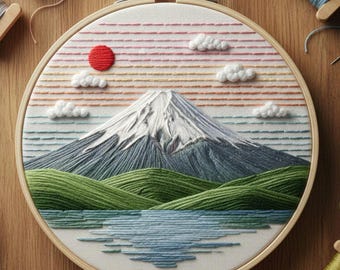 富士山と寺院の手刺繍風景画 富士山の刺繍パターン：日本の風景画（PDFデジタルチュートリアル