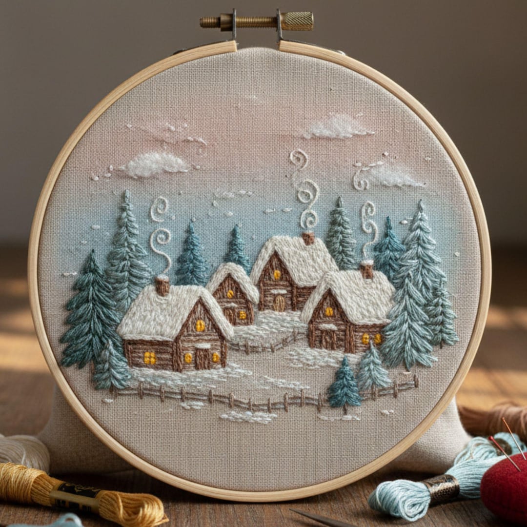 Winter Village Embroidery Pattern | Snowy Landscape Hoop Art (PDF) - Etsy