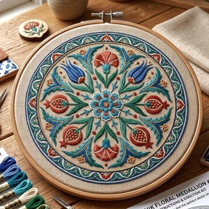 Puede incluir: Un bastidor de bordado circular que contiene un panel de tela beige con un patrón simétrico de flores y granadas en tonos azul, verde azulado y naranja óxido. El diseño presenta una flor central rodeada de tulipanes y granadas.