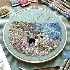 Coastal Dog Walk Embroidery Pattern, Seaside Landscape Hoop Art, Border Collie Needlepoint (Digital Download)