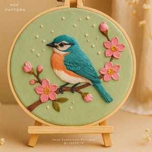 Bluebird Embroidery Pattern PDF: Modern Floral Hoop Art, 6-8 inch