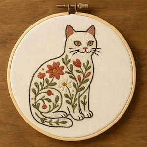 Könnte beinhalten: Gesticktes Katzendesign in einem Holzreifen. Die weiße Katze ist mit Blumenstickereien in Orange-, Rot-, Grün- und Cremetönen verziert. Die Katze sitzt, mit schwarzer Umrandung und gelben Augen.