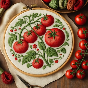 May include: Embroidered tomato plant design in a wooden hoop, showcasing bright red tomatoes and green foliage. The embroidery is on cream fabric, with additional tomatoes and embroidery threads nearby. The hoop measures approximately 20 cm in diameter.