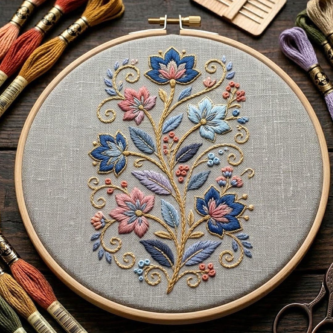 Vintage Floral Embroidery Pattern, Botanical Flower Hoop Art Design ...