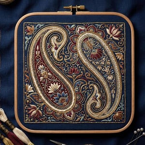 Könnte beinhalten: Gesticktes Paisley-Design in einem Holzrahmen. Das Design zeigt zwei große Paisley-Formen in Gold, Burgunderrot und Blau auf einem marineblauen Hintergrund. Die Stickerei ist detailliert mit Blumen- und Blattmotiven.