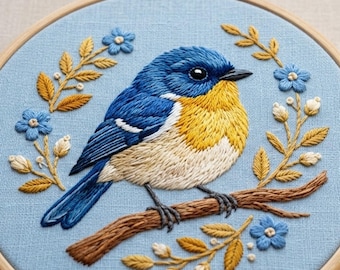 青い鳥の手刺繍パターン、春の鳥の刺繍デザイン、青い鳴き鳥、自然の