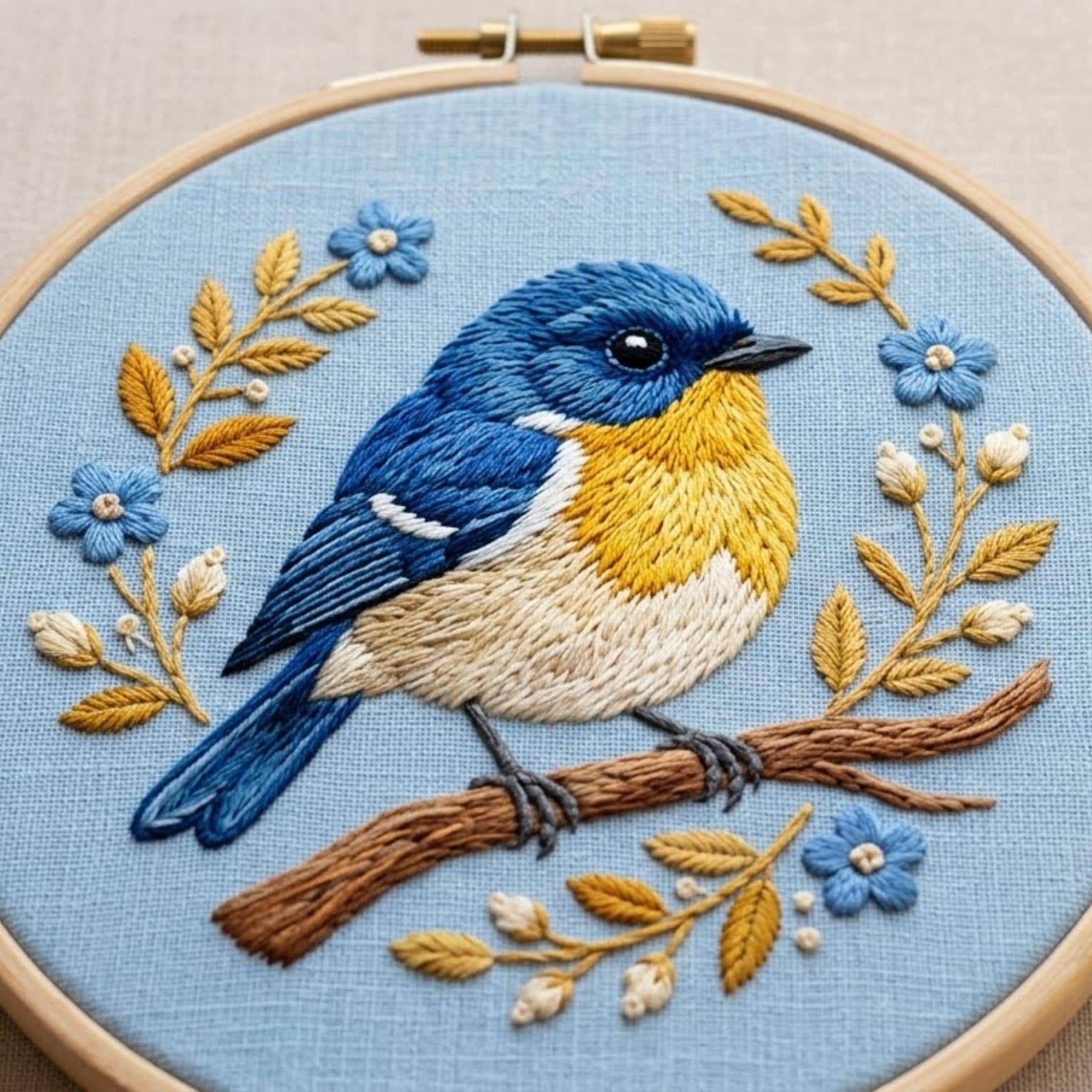 Blue Bird Floral Embroidery Pattern, Spring Nature Hoop Art (PDF