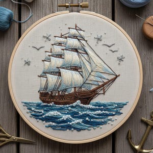 May include: Embroidered artwork of a sailing ship in a wooden hoop. The ship has brown hull and white and blue sails, sailing on blue waves. Decorative elements include birds and stars.