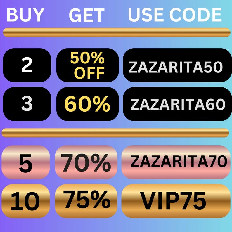 May include: Promotional graphic with text on a gradient blue background. The text includes "BUY," "GET," and "USE CODE." Offers include discounts of 50%, 60%, 70%, and 75% off with corresponding codes like ZAZARITA50 and VIP75.