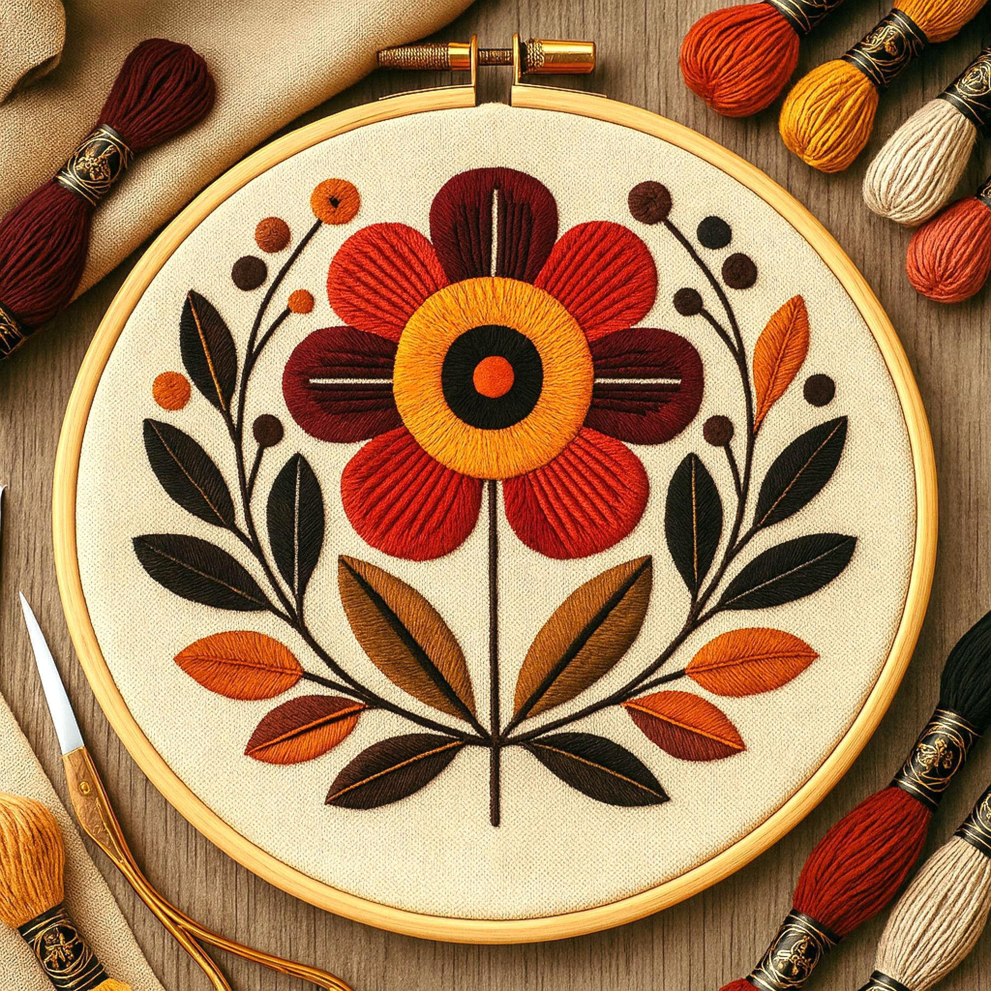 Retro Floral Hand Embroidery Pattern – Modern Folk-inspired Hoop Art ...