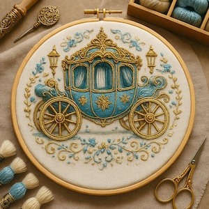 May include: Embroidered artwork of a blue and gold carriage in a wooden hoop. The carriage features intricate details, including ornate wheels and floral accents. The background is a neutral fabric, and the scene is surrounded by embroidery tools.