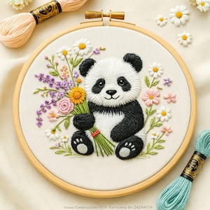 Panda with Floral Bouquet Hand Embroidery PDF Pattern | Cute Animal Embroidery Designs for Beginners, Modern Hoop Art Digital Download
