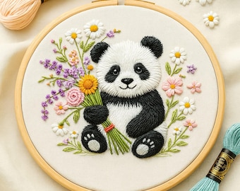 手刺繍の訪問着(パンダ柄) パンダ刺繍テンプレート（ステッチガイドなし）、かわいいパンダのPDF