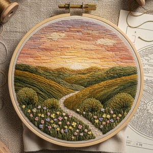 以下が含まれることがあります： 木製のフレームに手刺繍された風景画。緑の丘、曲がりくねった小道、オレンジ、黄色、紫色の夕焼けが描かれています。小さな花と茂みがシーンに詳細を追加しています。