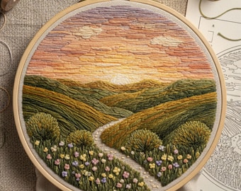 Könnte beinhalten: Handgestickte Landschaftskunst in einem Holzreifen. Die Szene zeigt grüne Hügel, einen gewundenen Pfad und einen Sonnenuntergang in Orange, Gelb und Lila. Kleine Blumen und Büsche ergänzen die Szene.