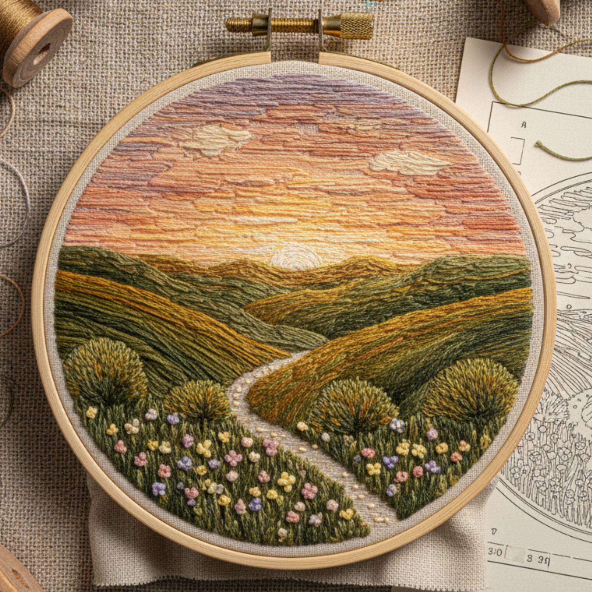 夕焼けの田園風景刺繍パターン • 初心者向け刺繍プロジェクトのための