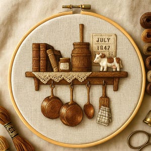 May include: Embroidered artwork in a wooden hoop. A shelf displays books, jars, and a wooden container. Below, copper pans and a spoon hang. A sign reads "JULY 1947" with a cow figurine. The color palette is warm browns and creams.