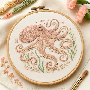 Octopus Hand Embroidery Pattern: Beginner-Friendly Underwater Hoop Art (PDF Download