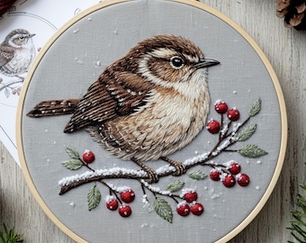 Patrón de bordado de pájaro invernal, diseño de bordado a mano de rama nevada, arte rústico de aro con naturaleza (PDF)